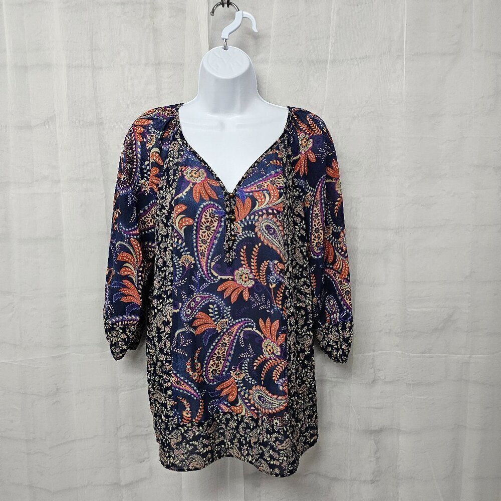 Chaps Blouse Blue Paisley Boho Cottage Peasant Casual Festival PM - Picture 12 of 12